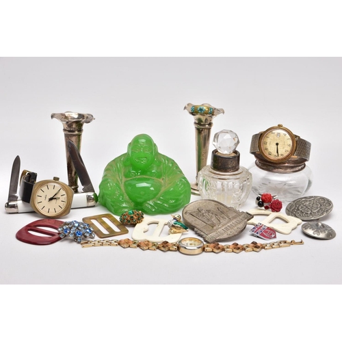 321 - A BOX OF ASSORTED ITEMS, to include two miniature silver posy vases, tapered stem with wavy rims, we... 