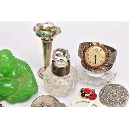 321 - A BOX OF ASSORTED ITEMS, to include two miniature silver posy vases, tapered stem with wavy rims, we... 