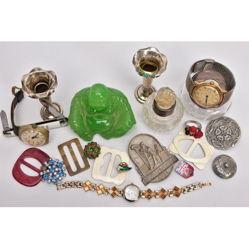 321 - A BOX OF ASSORTED ITEMS, to include two miniature silver posy vases, tapered stem with wavy rims, we... 