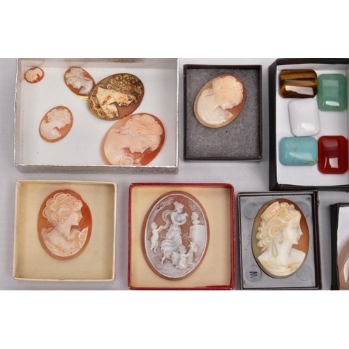 323 - A TRAY OF LOOSE CAMEOS AND CUT SEMI-PRECIOUS STONES, cameos mostly of an oval form each depicting va... 