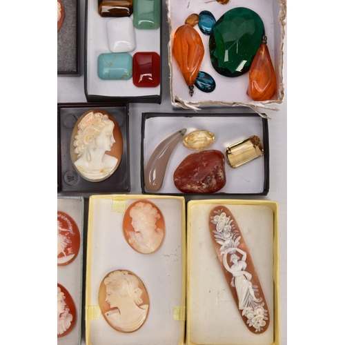 323 - A TRAY OF LOOSE CAMEOS AND CUT SEMI-PRECIOUS STONES, cameos mostly of an oval form each depicting va... 