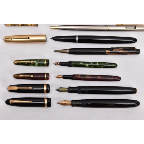 324 - A SELECTION OF WRITING EQUPIMENT, to include a black and gold 'Parker' fountain pen, a black and gol... 