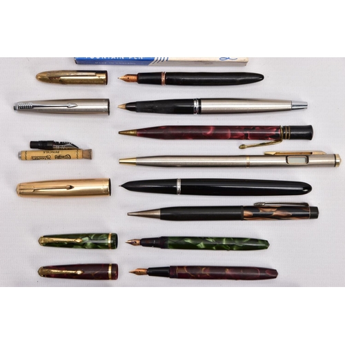 324 - A SELECTION OF WRITING EQUPIMENT, to include a black and gold 'Parker' fountain pen, a black and gol... 