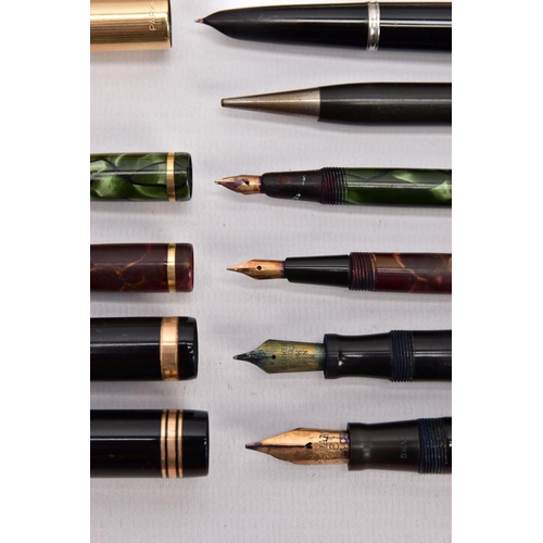 324 - A SELECTION OF WRITING EQUPIMENT, to include a black and gold 'Parker' fountain pen, a black and gol... 