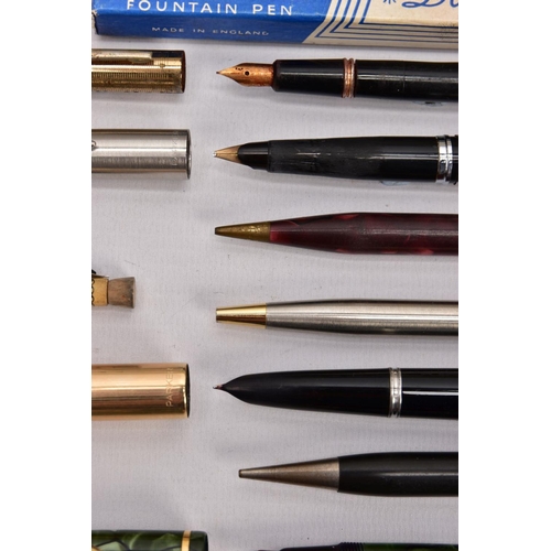 324 - A SELECTION OF WRITING EQUPIMENT, to include a black and gold 'Parker' fountain pen, a black and gol... 