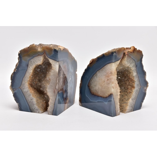 325 - TWO GEODE BOOK ENDS, quartz geodes with a bluish/grey banded rim