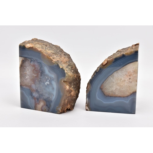 325 - TWO GEODE BOOK ENDS, quartz geodes with a bluish/grey banded rim