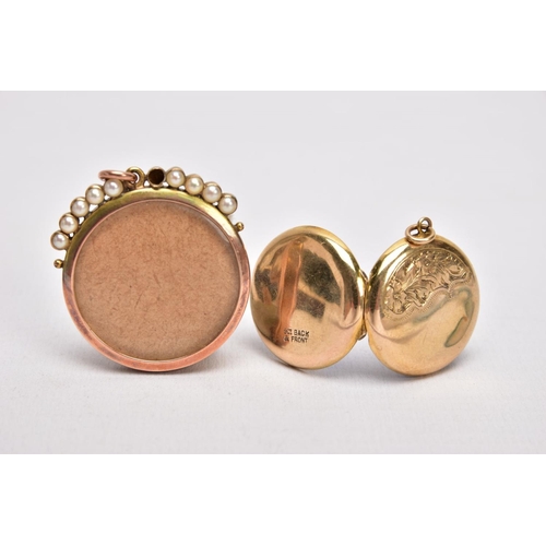 328 - AN EARLY 20TH CENTURY 9CT GOLD PHOTO LOCKET AND A GOLD FRONT AND BACK LOCKET, the first of a circula... 