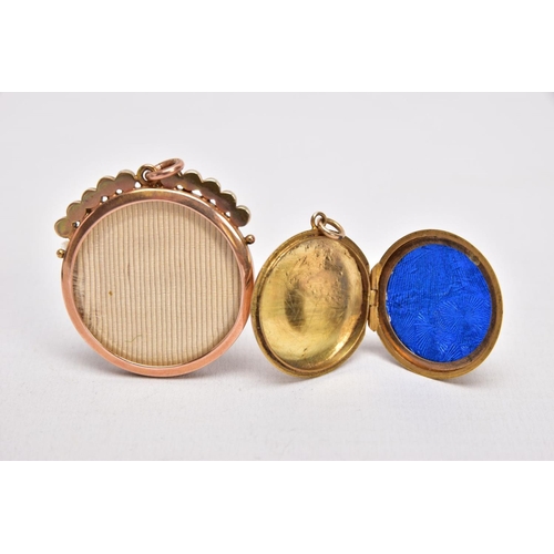 328 - AN EARLY 20TH CENTURY 9CT GOLD PHOTO LOCKET AND A GOLD FRONT AND BACK LOCKET, the first of a circula... 