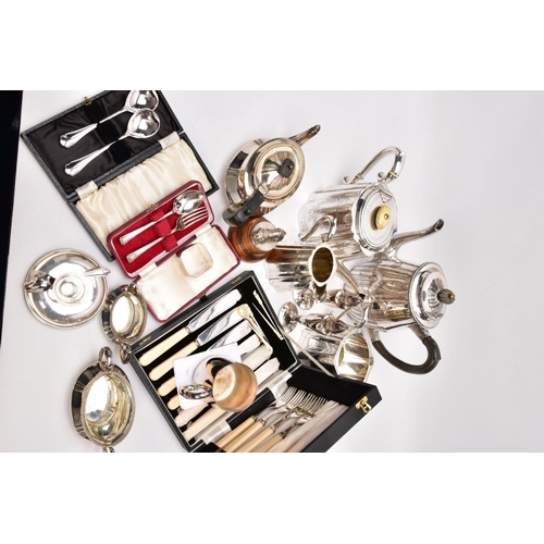 330 - A BOX OF ASSORTED WHITE METAL WARE, to include a cased twelve-piece EPNS set of fish knives and fork... 