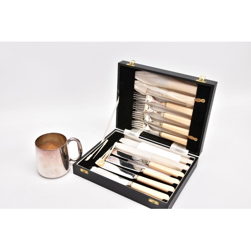 330 - A BOX OF ASSORTED WHITE METAL WARE, to include a cased twelve-piece EPNS set of fish knives and fork... 