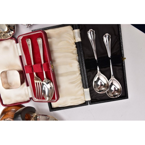 330 - A BOX OF ASSORTED WHITE METAL WARE, to include a cased twelve-piece EPNS set of fish knives and fork... 