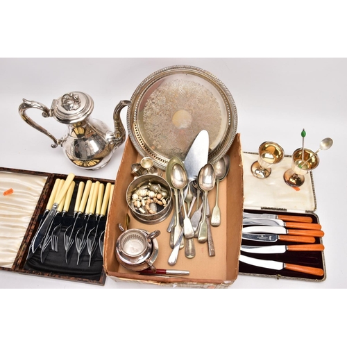 331 - A BOX OF ASSORTED WHITE METAL ITEMS, to include a circular tray with a pierced rim, a cased set of t... 