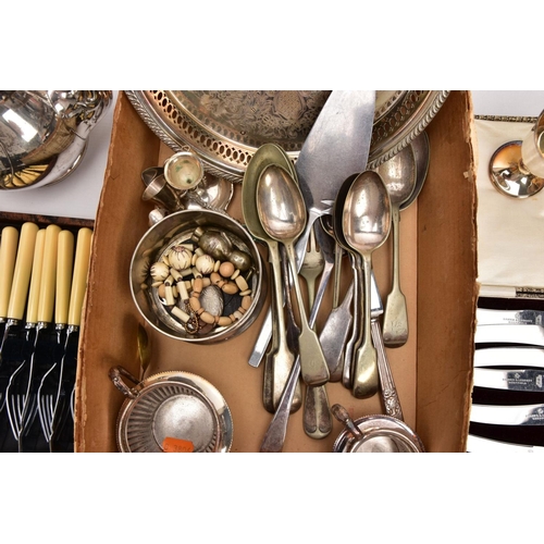 331 - A BOX OF ASSORTED WHITE METAL ITEMS, to include a circular tray with a pierced rim, a cased set of t... 