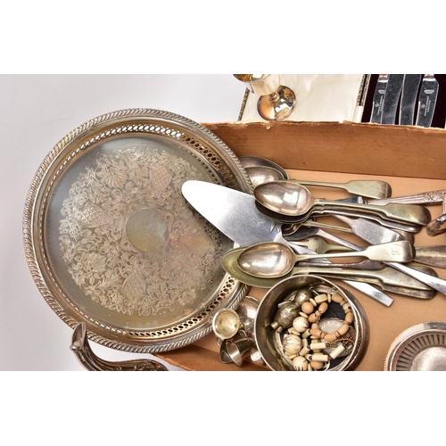 331 - A BOX OF ASSORTED WHITE METAL ITEMS, to include a circular tray with a pierced rim, a cased set of t... 