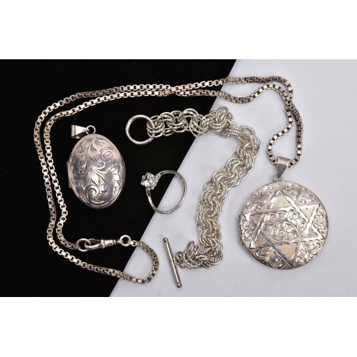 340 - TWO SILVER LOCKETS, A CHAIN AND A WHITE METAL RING AND BRACELET, the first locket of a circular form... 