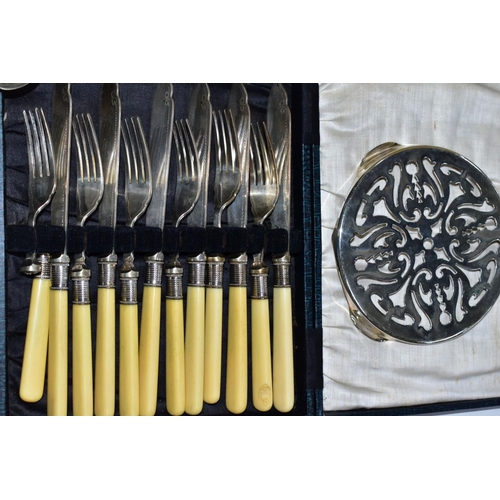 290 - A TRAY OF ASSORTED WHITE METAL CUTLERY, to include a cased set of six EP teaspoons, a cased set of s... 