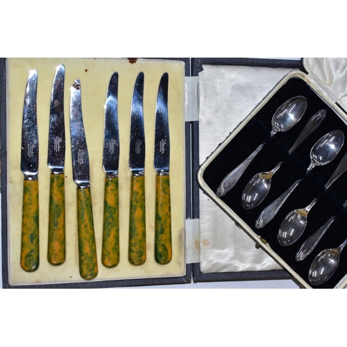 290 - A TRAY OF ASSORTED WHITE METAL CUTLERY, to include a cased set of six EP teaspoons, a cased set of s... 