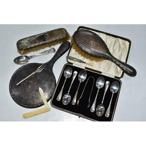 373 - A SELECTION OF SILVER ITEMS, to include a cased set of six silver Hanoverian teaspoons, each hallmar... 