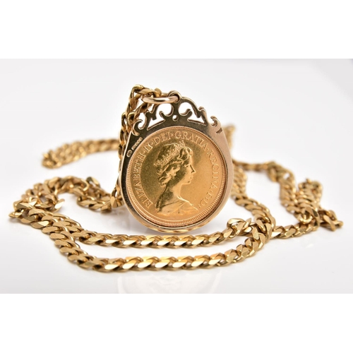 19 - A MOUNTED FULL SOVEREIGN PENDANT AND CHAIN, the full sovereign dated 1974, within a 9ct gold scroll ... 