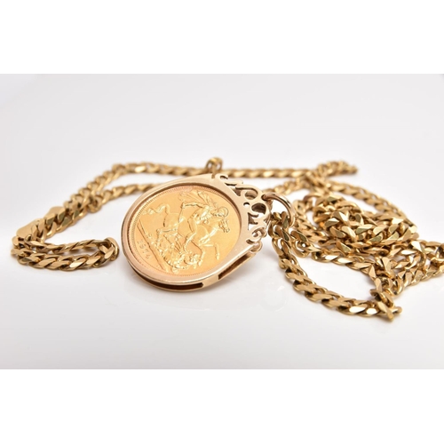19 - A MOUNTED FULL SOVEREIGN PENDANT AND CHAIN, the full sovereign dated 1974, within a 9ct gold scroll ... 