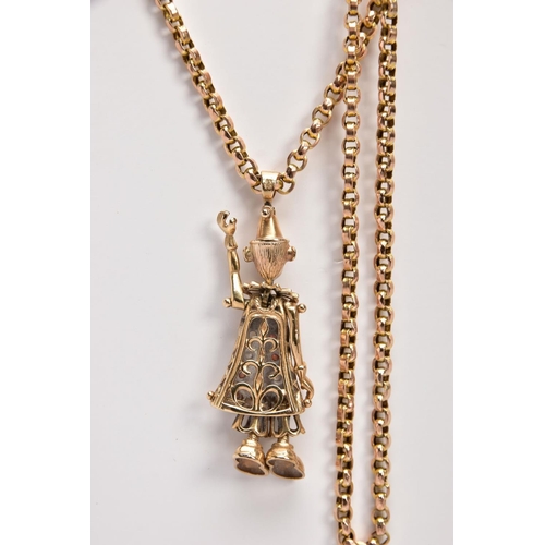 20 - A 9CT GOLD, GEM SET CLOWN PENDANT AND CHAIN, the articulated clown pendant set with red and colourle... 