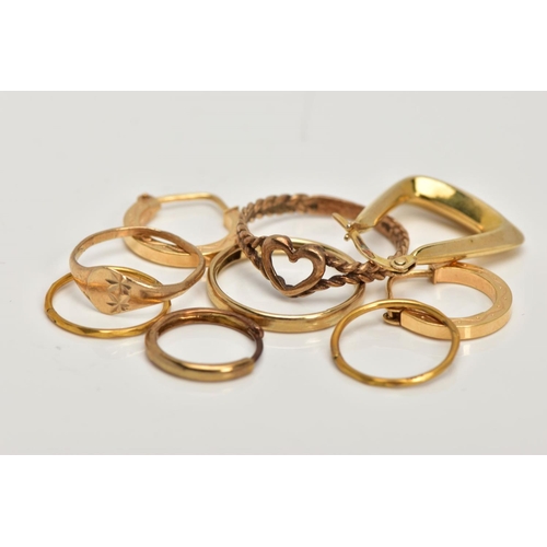 23 - A BAG OF ASSORTED 9CT GOLD AND YELLOW METAL JEWELLERY, to include two pairs of sleeper earrings, two... 