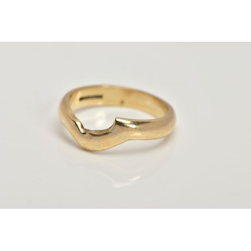 26 - A 9CT GOLD MISSHAPEN BAND, plain polished band, misshapen in one place as if adjusted to fit under a... 