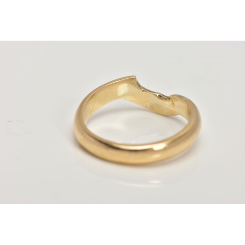 26 - A 9CT GOLD MISSHAPEN BAND, plain polished band, misshapen in one place as if adjusted to fit under a... 