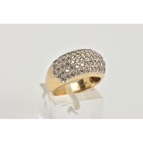 3 - A 9CT GOLD DIAMOND ENCRUSTED CLUSTER RING, wide band with the ring head encrusted with round brillia... 