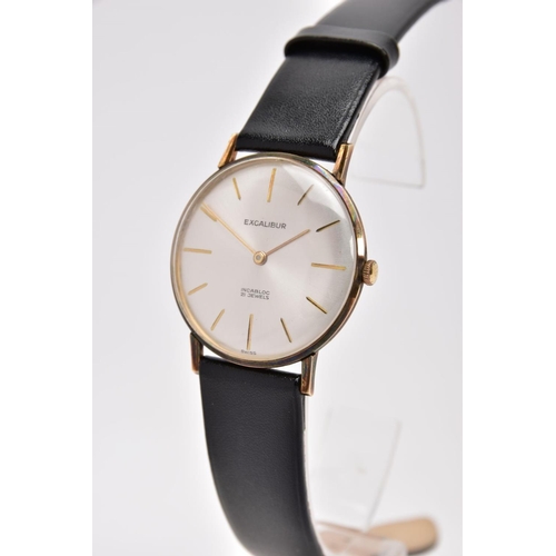 30 - A GENTS 9CT GOLD EXCALIBUR WRISTWATCH, hand wound movement, round silver dial signed 'Excalibur Inca... 