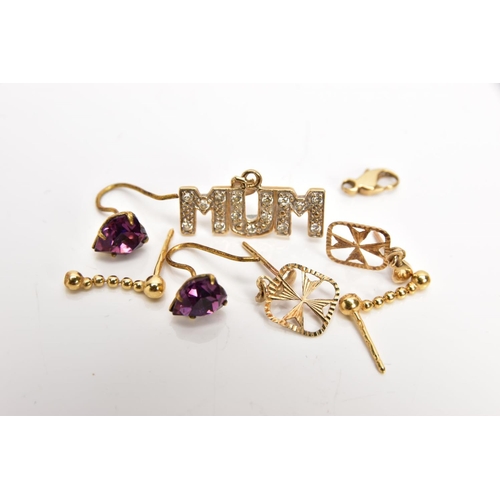 33 - A BAG OF ASSORTED 9CT GOLD AND YELLOW METAL JEWELLERY, to include a 9ct gold, cubic zirconia set 'MU... 