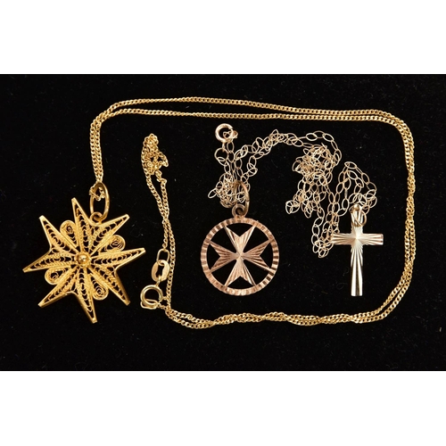 34 - TWO PENDANT NECKLACES AND A YELLOW METAL PENDANT, to include a filigree Maltese pendant stamped '375... 