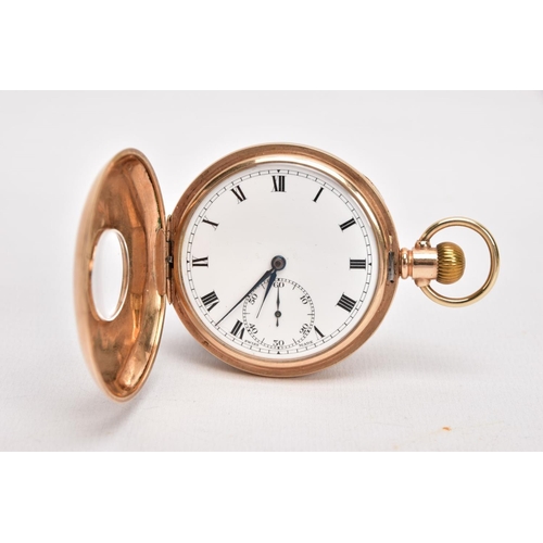 35 - A 9CT GOLD HALF HUNTER POCKET WATCH, round white dial, Roman numerals, seconds subsidiary dial at th... 