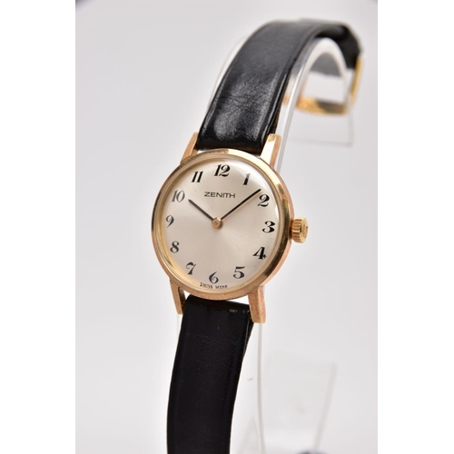 37 - A 9CT GOLD 'ZENITH' WRISTWATCH, hand wound movement, round silver dial signed 'Zenith', Arabic numer... 