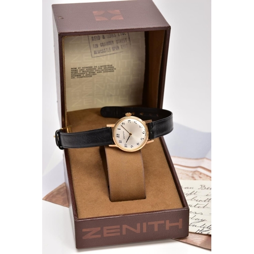 37 - A 9CT GOLD 'ZENITH' WRISTWATCH, hand wound movement, round silver dial signed 'Zenith', Arabic numer... 