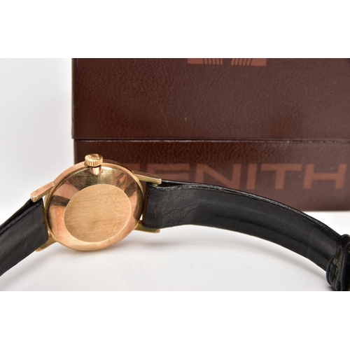 37 - A 9CT GOLD 'ZENITH' WRISTWATCH, hand wound movement, round silver dial signed 'Zenith', Arabic numer... 
