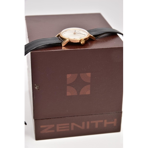 37 - A 9CT GOLD 'ZENITH' WRISTWATCH, hand wound movement, round silver dial signed 'Zenith', Arabic numer... 