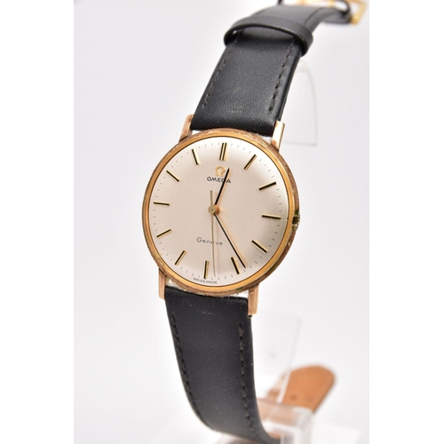 50 - A GENTS 9CT GOLD 'OMEGA GENEVE' WRISTWATCH, (missing crown) round silver dial signed 'Omega Geneve',... 