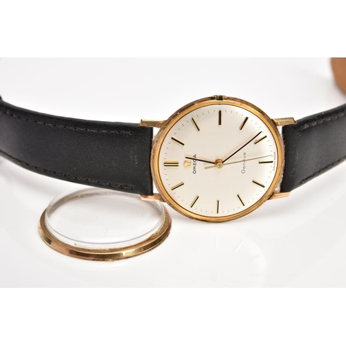 50 - A GENTS 9CT GOLD 'OMEGA GENEVE' WRISTWATCH, (missing crown) round silver dial signed 'Omega Geneve',... 