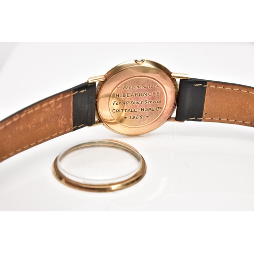 50 - A GENTS 9CT GOLD 'OMEGA GENEVE' WRISTWATCH, (missing crown) round silver dial signed 'Omega Geneve',... 