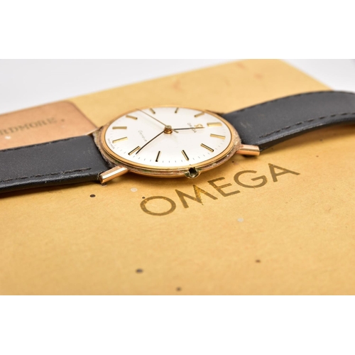 50 - A GENTS 9CT GOLD 'OMEGA GENEVE' WRISTWATCH, (missing crown) round silver dial signed 'Omega Geneve',... 