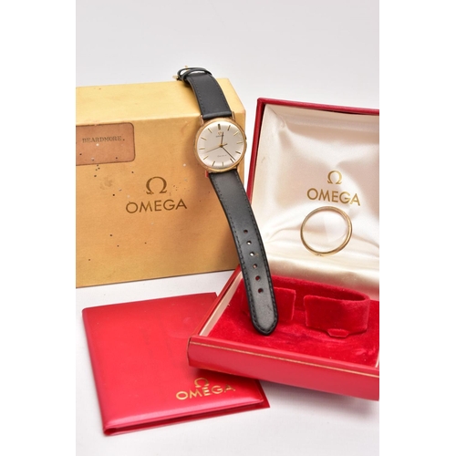 50 - A GENTS 9CT GOLD 'OMEGA GENEVE' WRISTWATCH, (missing crown) round silver dial signed 'Omega Geneve',... 
