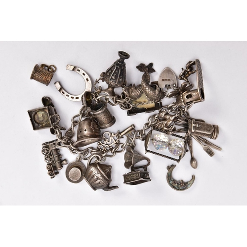 51 - A SILVER CHARM BRACELET AND TO SINGLE CHARMS, the curb link bracelet with each link stamped, suspend... 