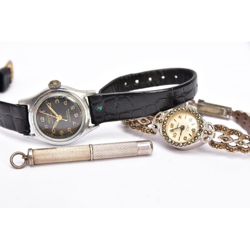 52 - A LADIES 'ENICAR AUTOMATIC' WATCH, A LADIES STAINLESS STEEL MARCASTIE WATCH AND A SILVER CIGAR PIERC... 