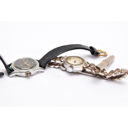 52 - A LADIES 'ENICAR AUTOMATIC' WATCH, A LADIES STAINLESS STEEL MARCASTIE WATCH AND A SILVER CIGAR PIERC... 