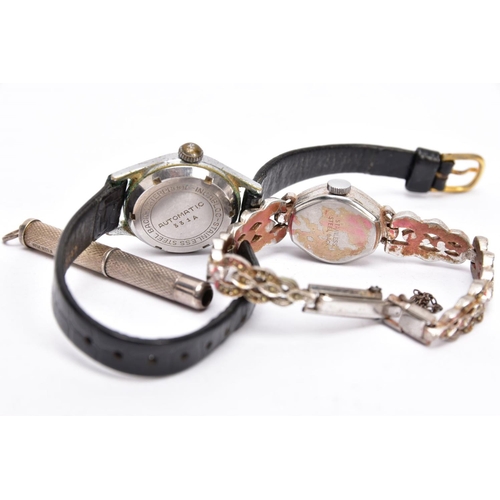 52 - A LADIES 'ENICAR AUTOMATIC' WATCH, A LADIES STAINLESS STEEL MARCASTIE WATCH AND A SILVER CIGAR PIERC... 