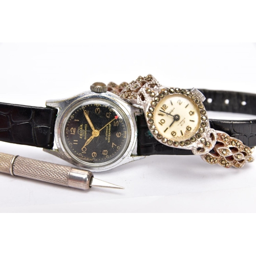 52 - A LADIES 'ENICAR AUTOMATIC' WATCH, A LADIES STAINLESS STEEL MARCASTIE WATCH AND A SILVER CIGAR PIERC... 