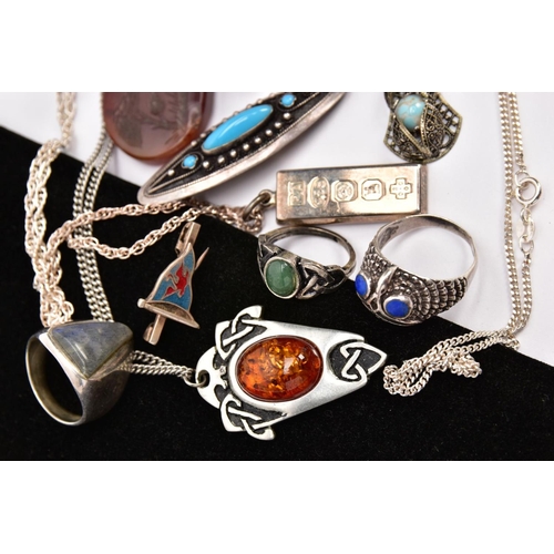 53 - A TRAY OF ASSORTED SILVER AND WHITE METAL JEWELLERY, to include a silver ingot pendant, hallmarked S... 