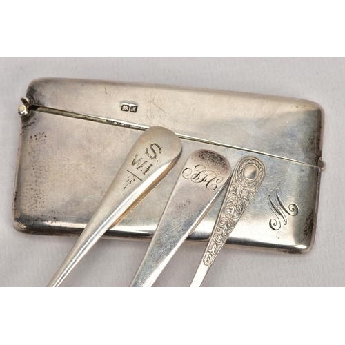 60 - FOUR ITEMS OF SILVER, to include a rectangular card case with gilt interior and engraved initial mon... 